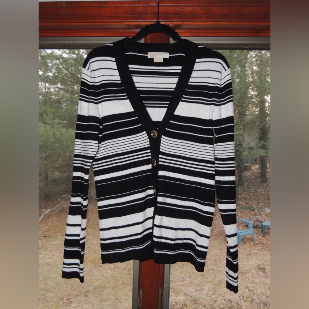 Michael Kors Black and White Striped Cardigan